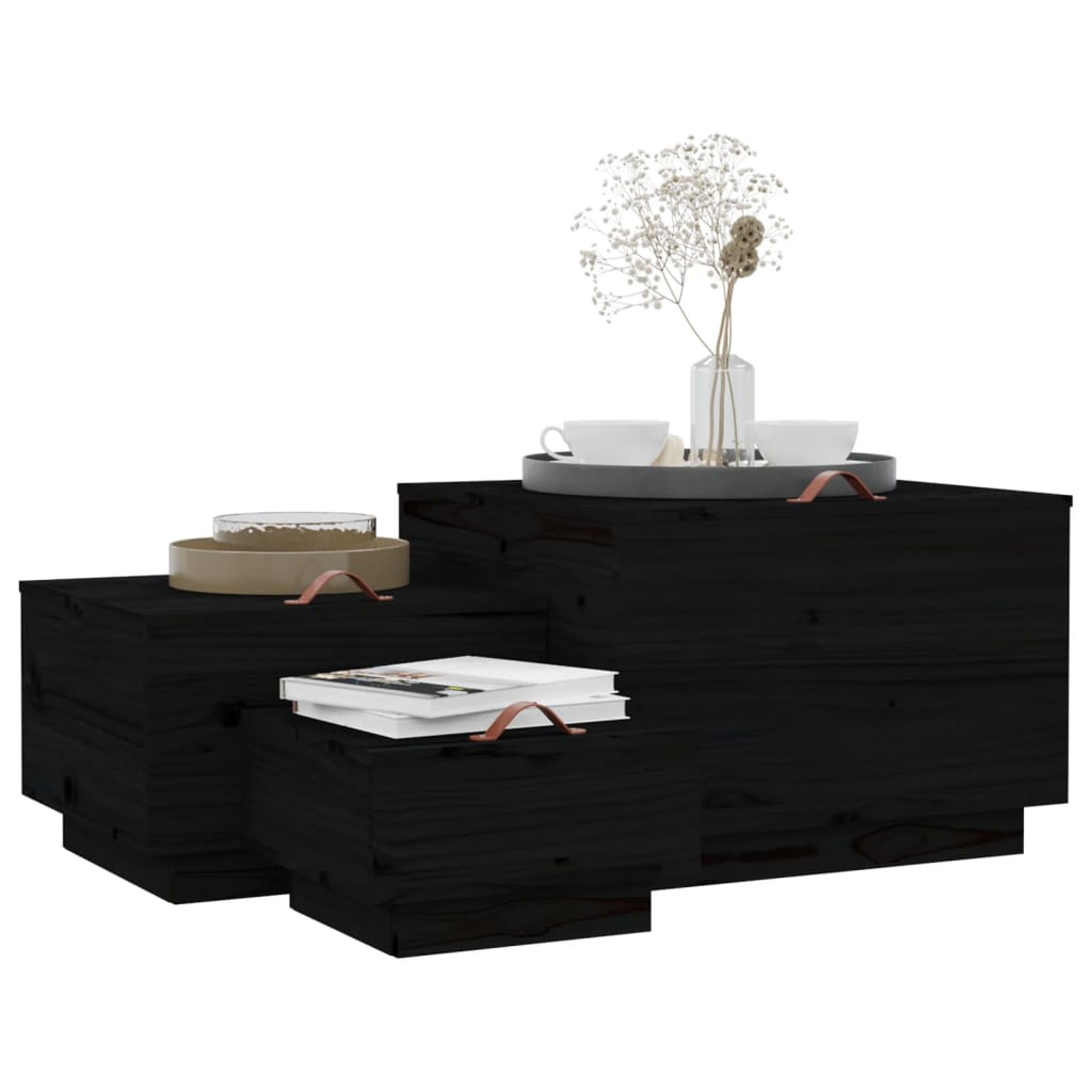 Caixas de arrumação com tampas 3 pcs pinho maciço preto