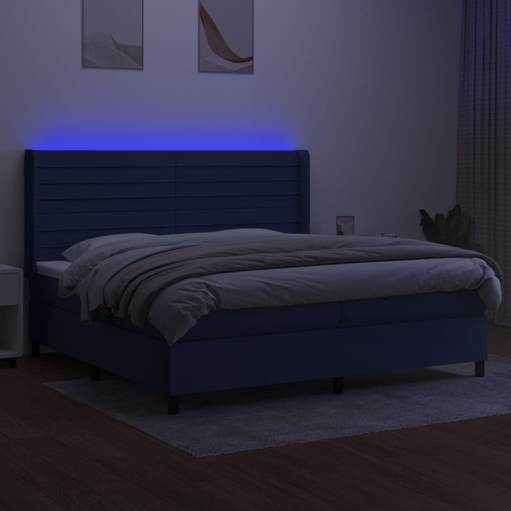 Cama box spring c/ colchão e LED 200x200 cm tecido azul