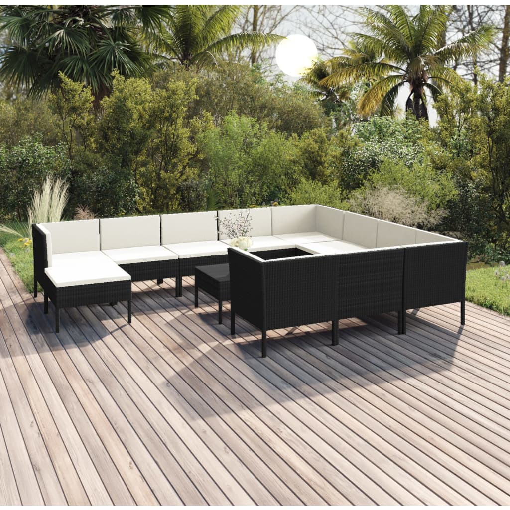 12 Pcs conjunto lounge de jardim c/ almofadões vime PE preto