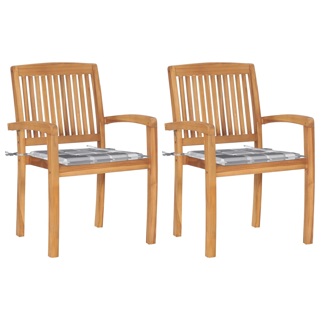 Cadeiras jardim c/ almofadões xadrez cinzento 2 pcs teca maciça
