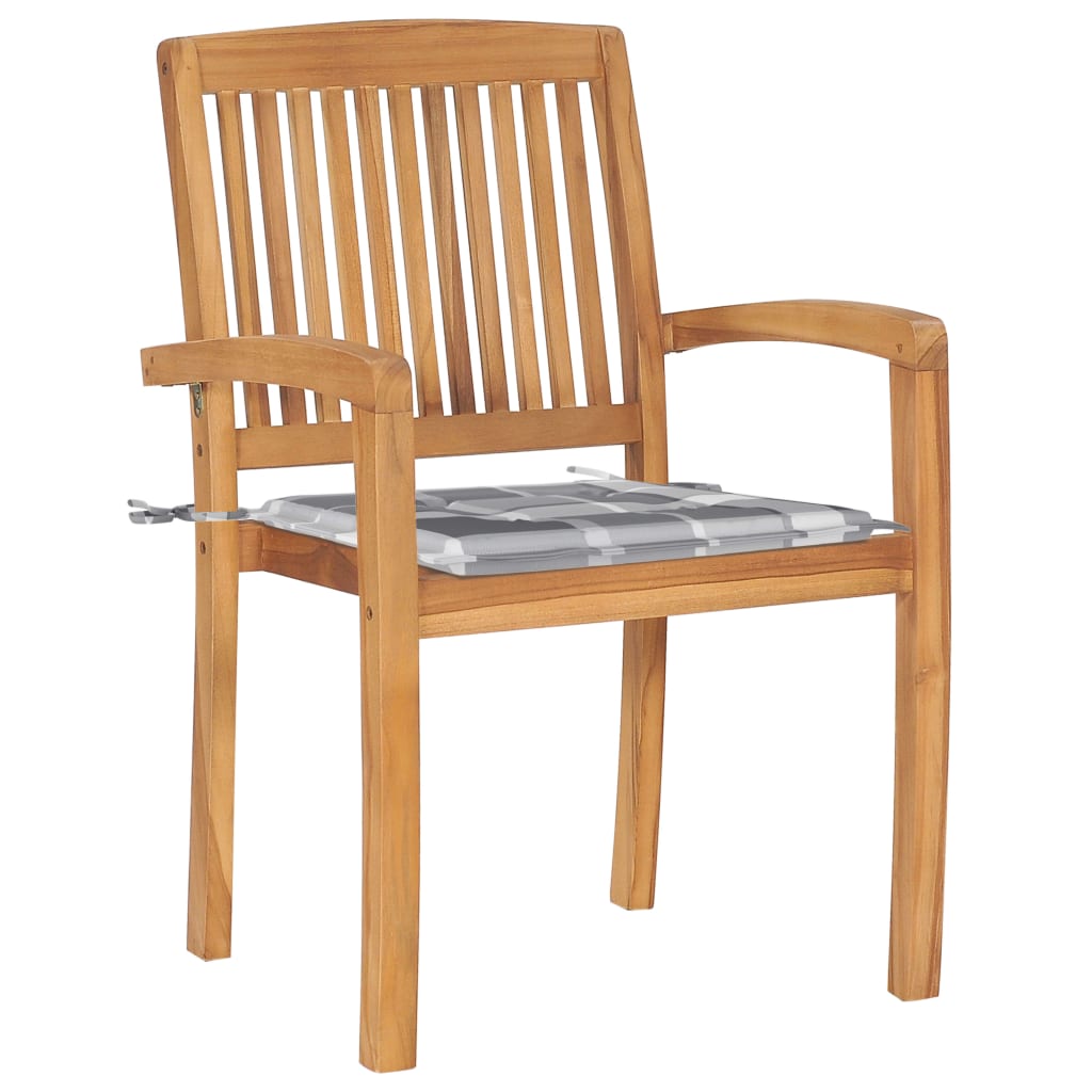 Cadeiras jardim c/ almofadões xadrez cinzento 2 pcs teca maciça