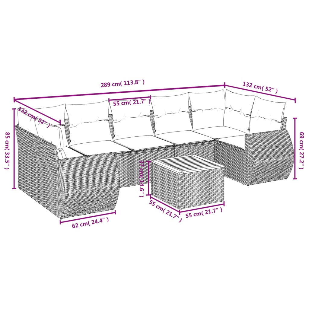 8 Pcs conjunto de sofás p/ jardim com almofadões vime PE bege