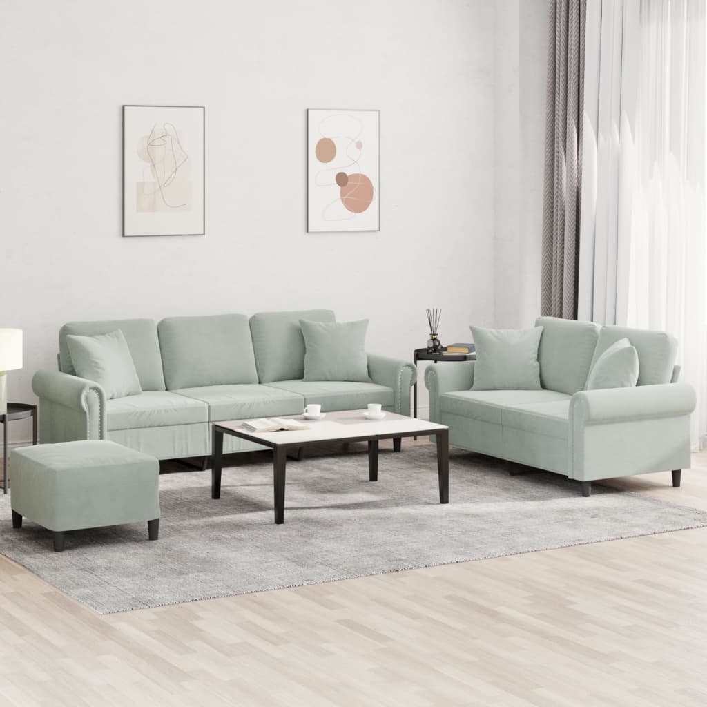 3 Pcs conjunto de sofás com almofadas veludo cinzento-claro