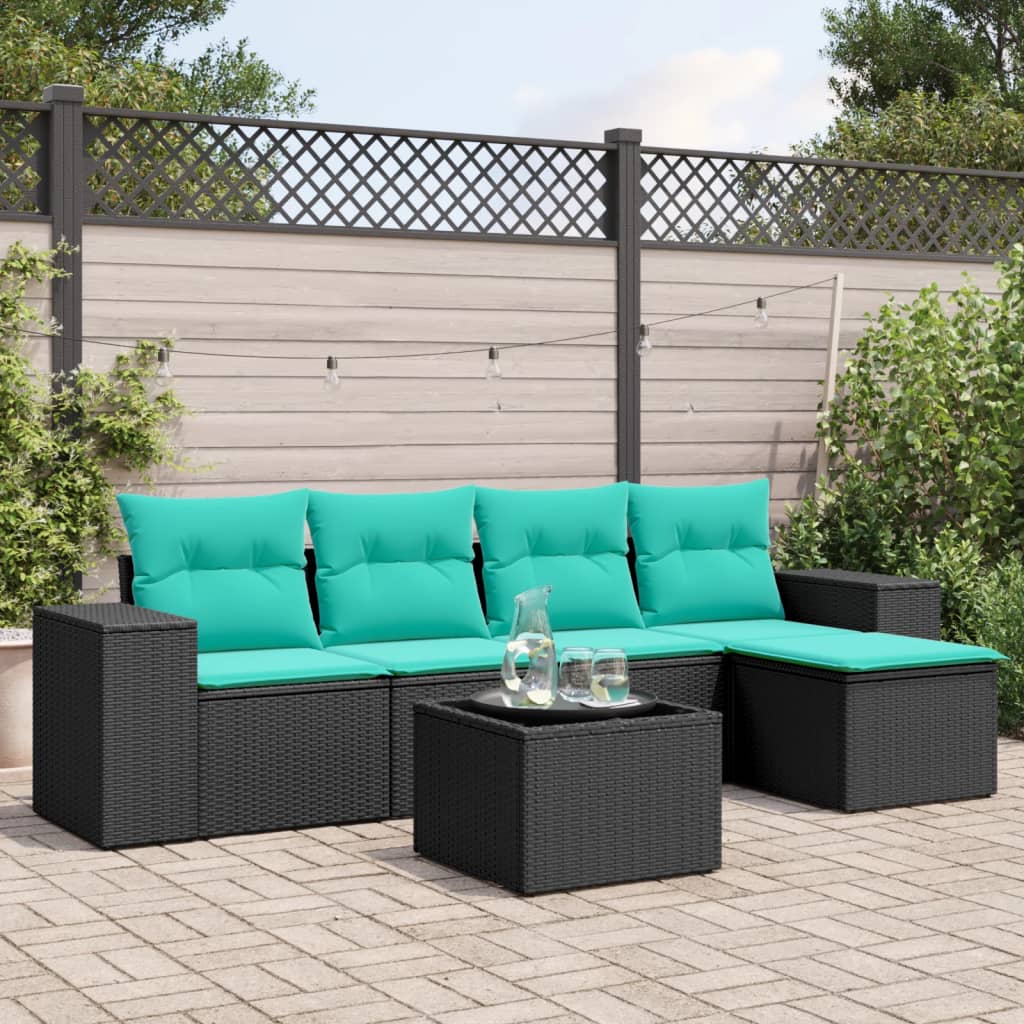Conjunto de sofá de jardim com 6 peças e almofadas em rattan sintético preto