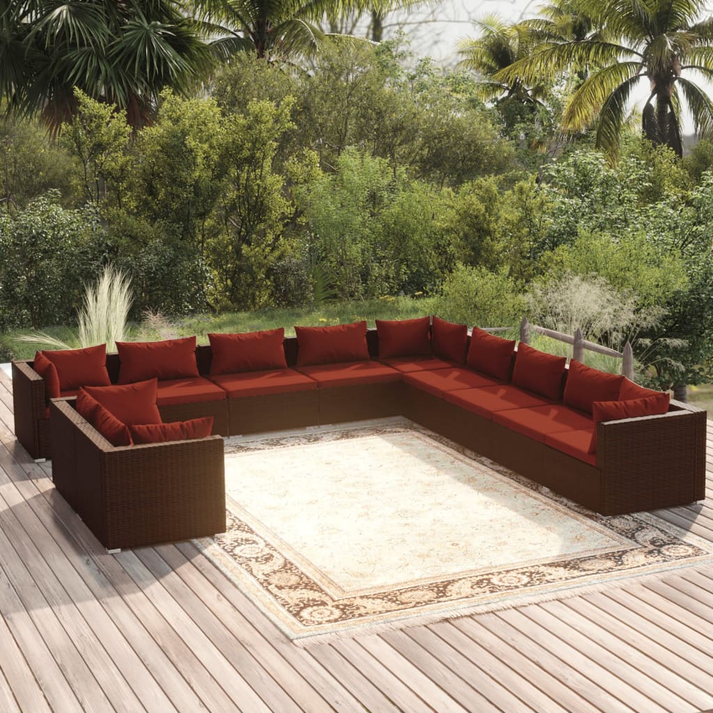11 Pcs conjunto lounge jardim c/ almofadões vime PE castanho