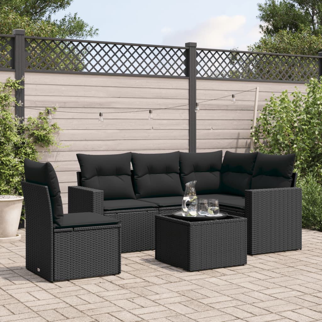 6 Pcs conjunto sofás de jardim c/ almofadões vime PE preto