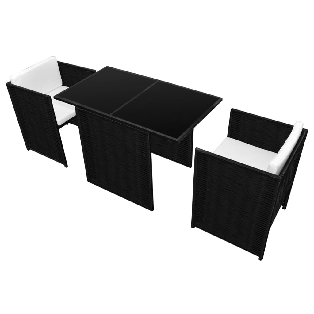 3 Pcs conjunto bistrô com almofadões vime PE preto
