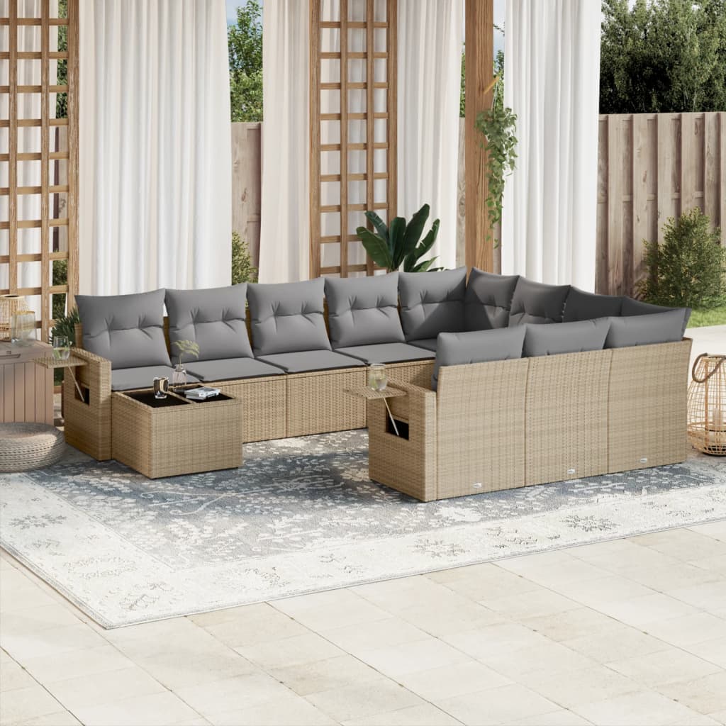 11 Pcs conjunto sofás de jardim c/ almofadões vime PE bege