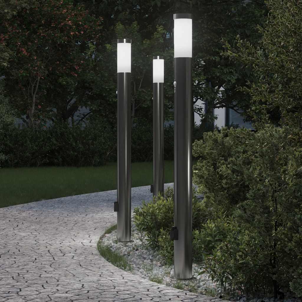 Luminárias de balizamento com sensor e tomada, 3 peças, 110 cm, aço inoxidável, IP44