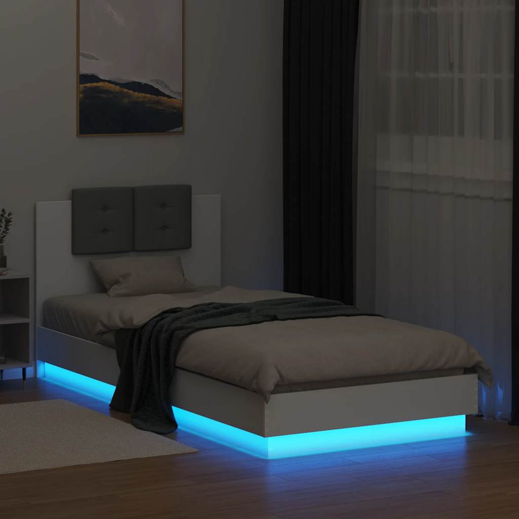 Estrutura de cama com cabeceira e luzes LED 90x200 cm branco