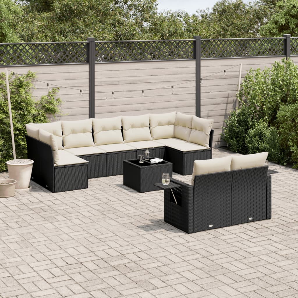 10 Pcs conjunto sofás de jardim c/ almofadões vime PE preto