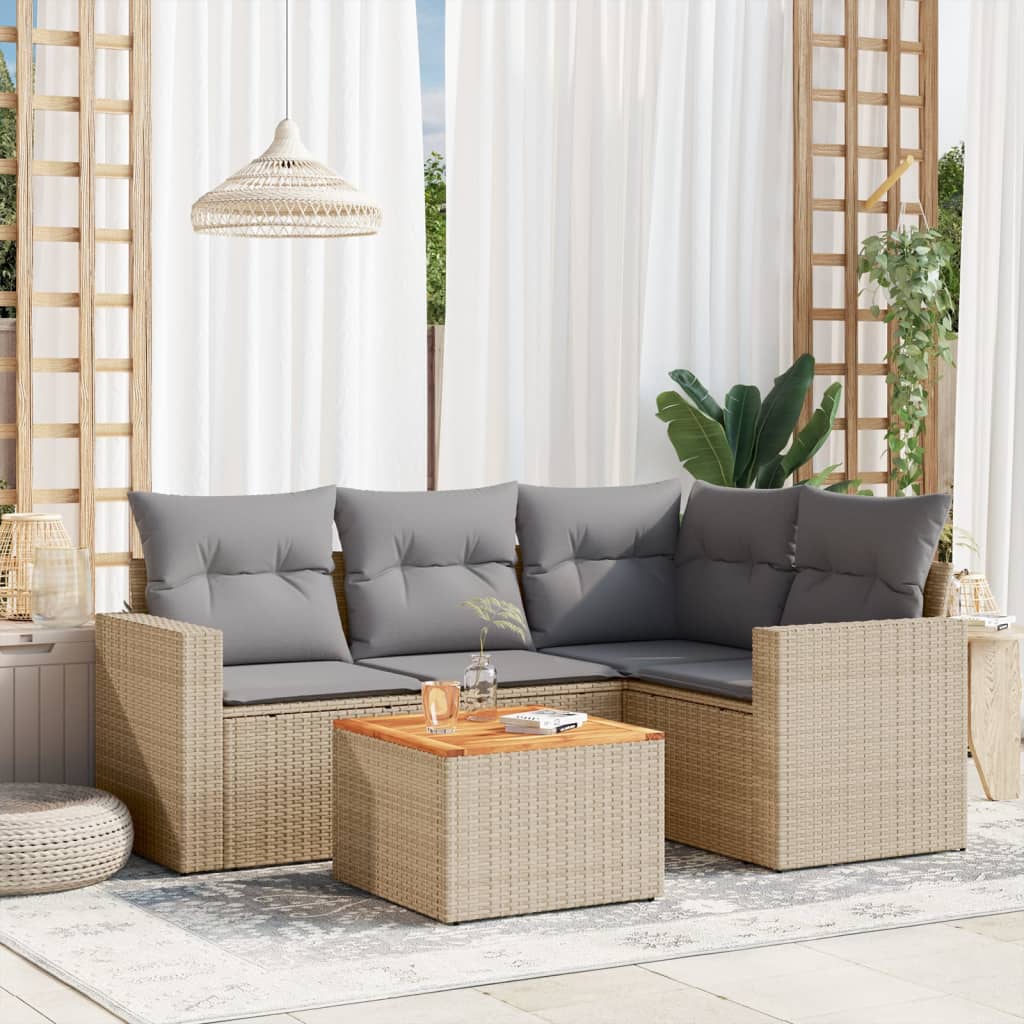 5 Pcs conj. sofás jardim c/ almofadões vime PE bege misturado