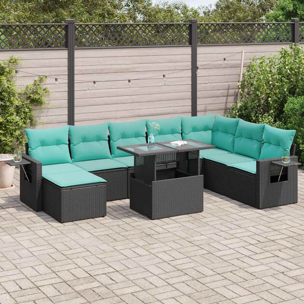 9 Pcs conjunto sofás p/ jardim almofadões vime PE/acácia preto