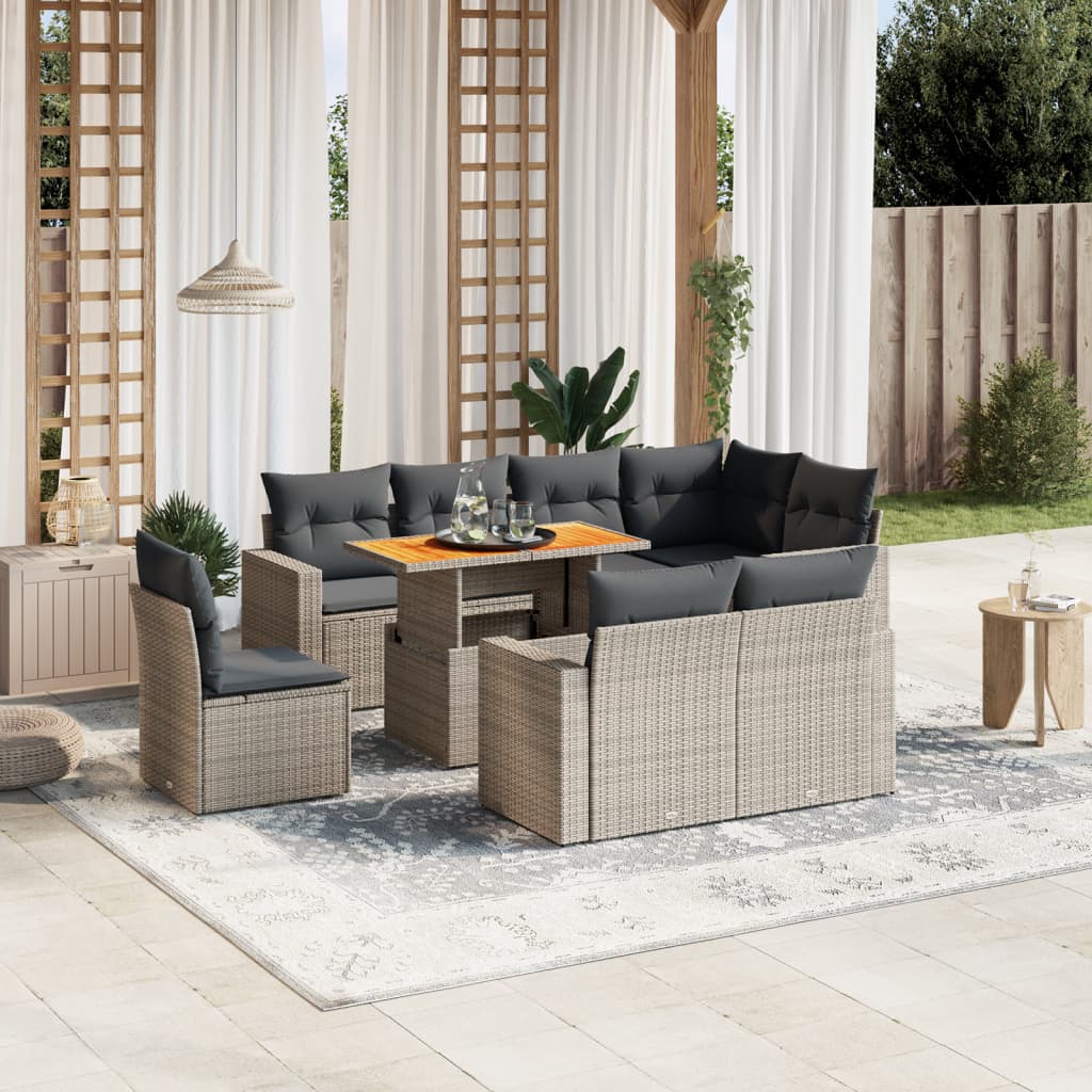 9 Pcs conjunto sofás p/ jardim com almofadões vime PE cinzento