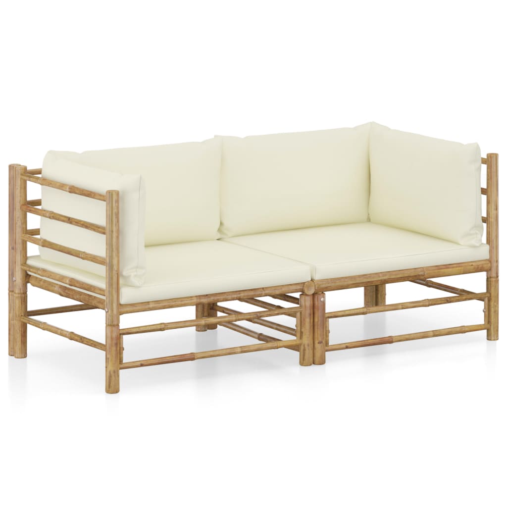 2 Pcs conjunto lounge de jardim bambu c/ almofadões branco nata