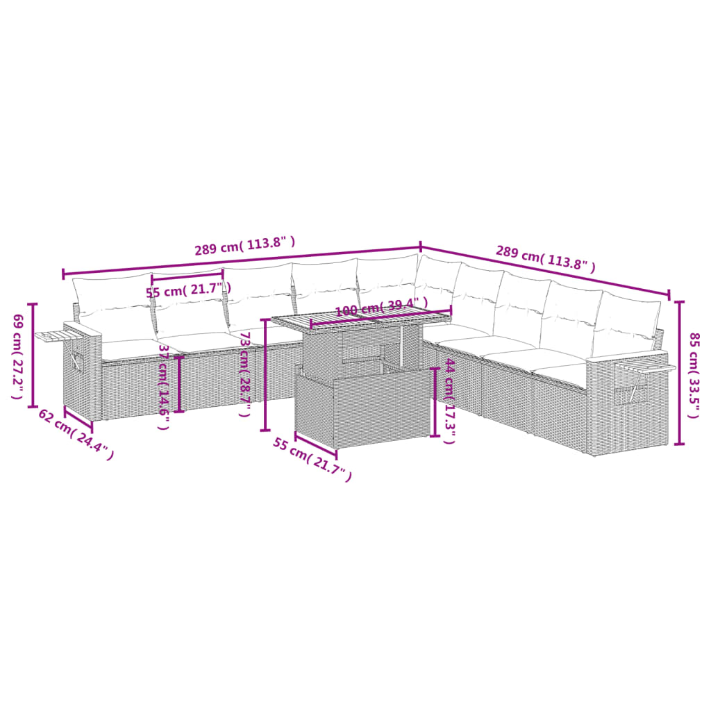11 Pcs conjunto sofás de jardim c/ almofadões vime PE bege