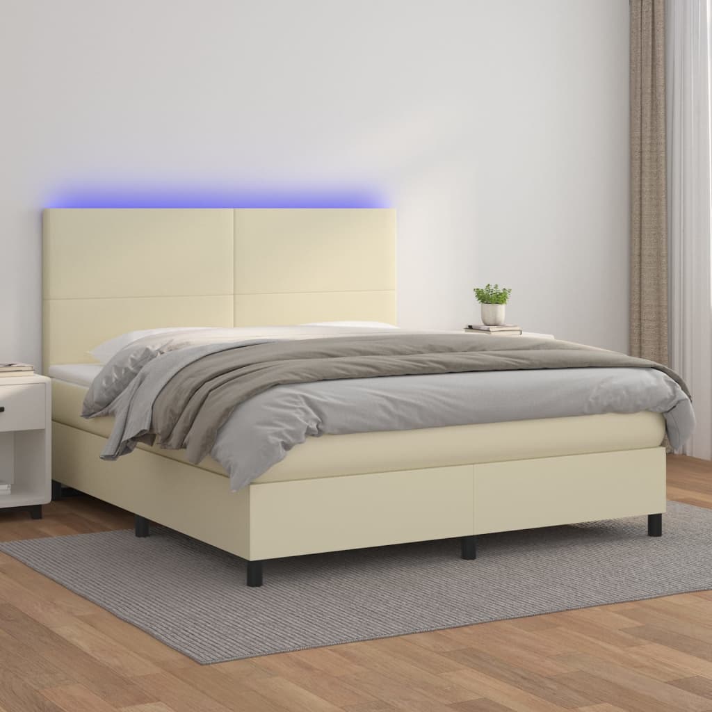Cama box spring c/ colchão/LED 180x200cm couro artificial creme