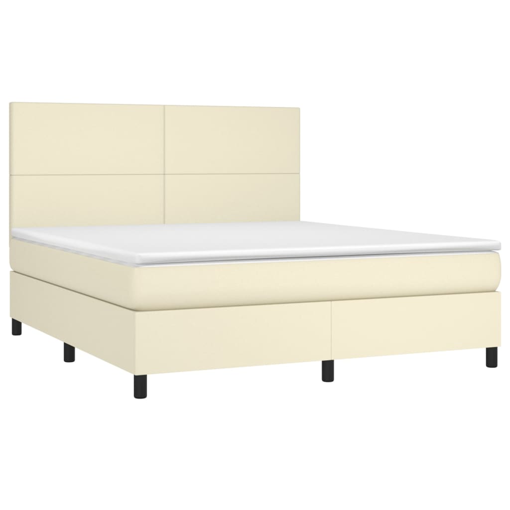 Cama box spring c/ colchão/LED 180x200cm couro artificial creme