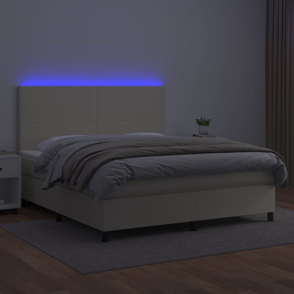 Cama box spring c/ colchão/LED 180x200cm couro artificial creme