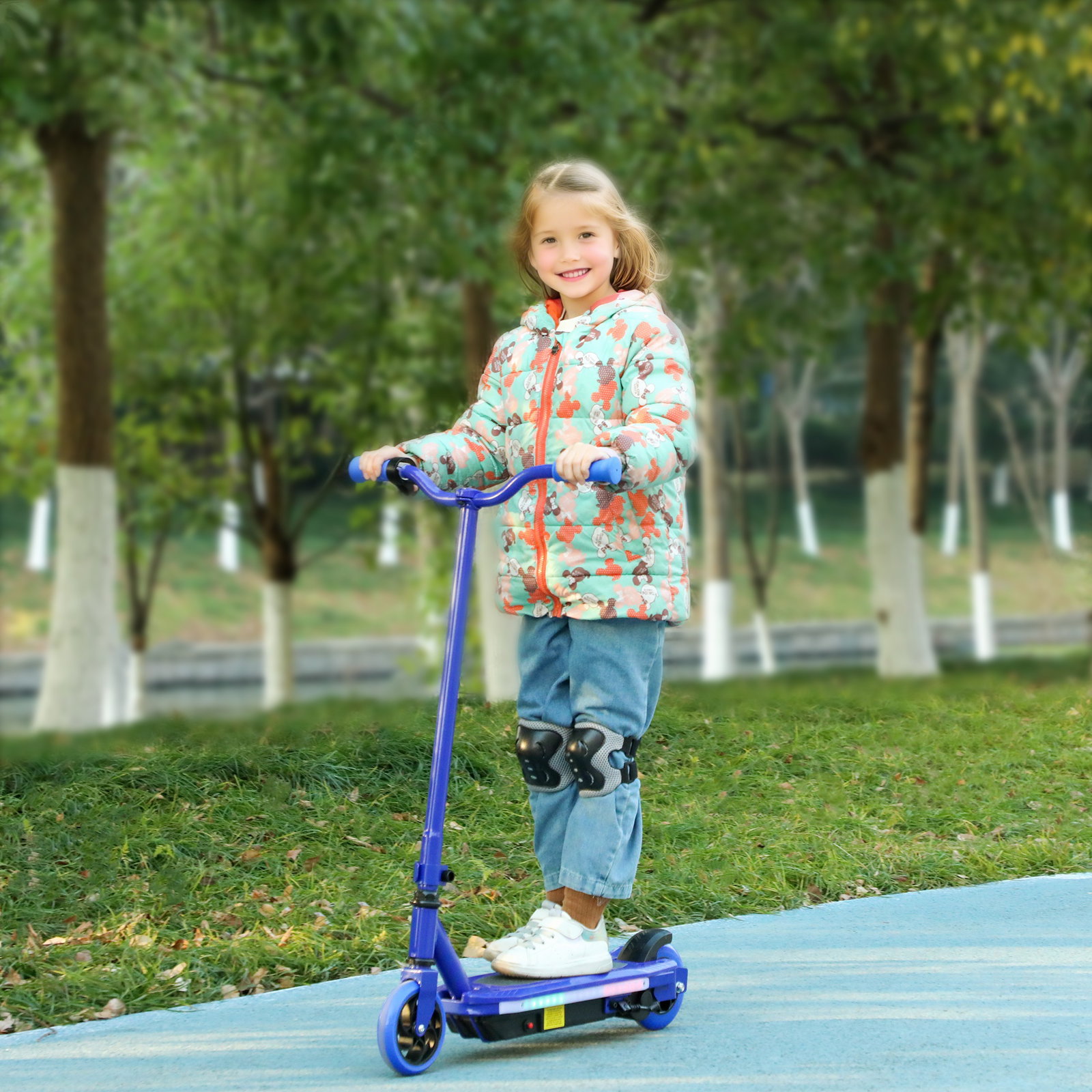 Trotinete elétrica para crianças máx. 10 km/h motor 80 w autonomia máxima 8 km trotinete com luzes LED travão traseiro 76x46x93 cm azul
