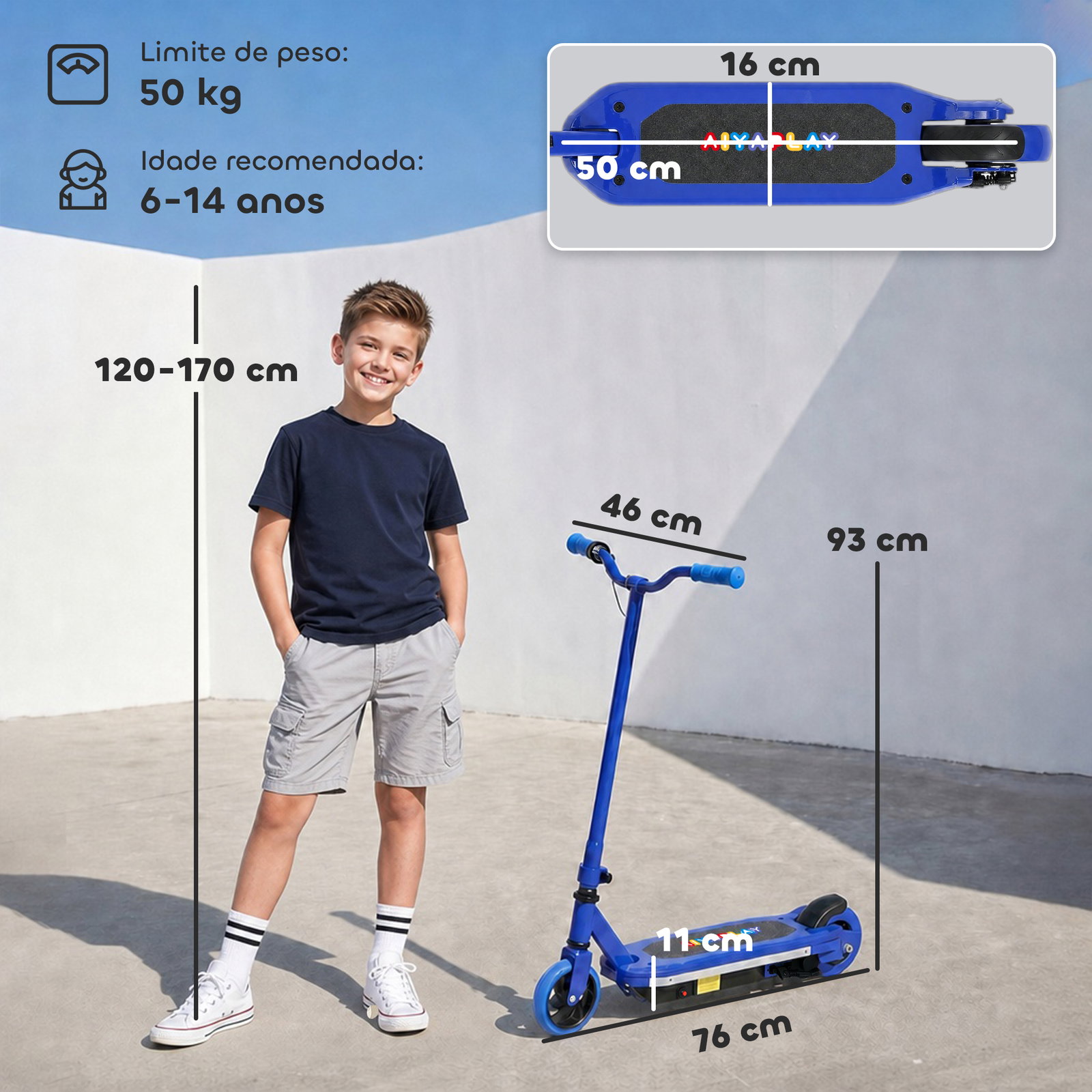 Trotinete elétrica para crianças máx. 10 km/h motor 80 w autonomia máxima 8 km trotinete com luzes LED travão traseiro 76x46x93 cm azul