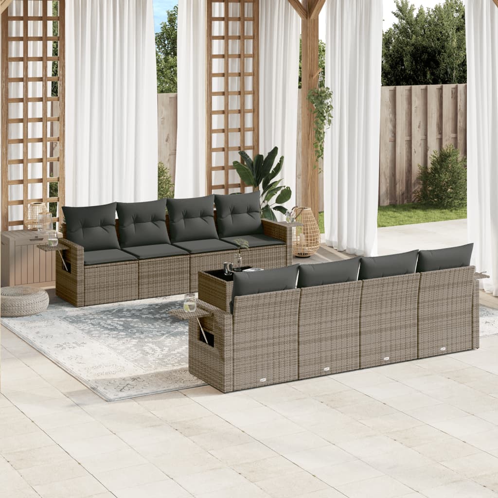9 Pcs conjunto sofás p/ jardim com almofadões vime PE cinzento