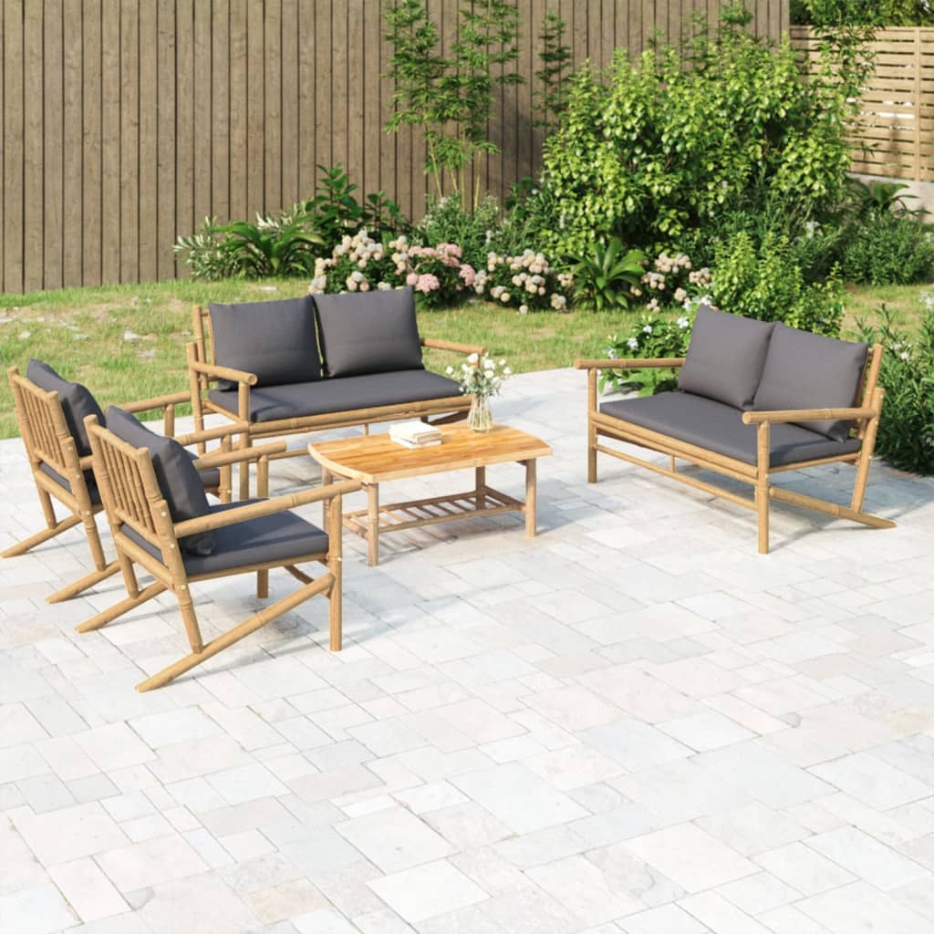 5 Pcs conjunto lounge jardim bambu c/ almofadões cinza-escuro