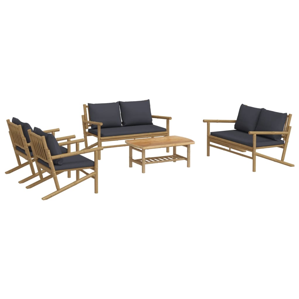 5 Pcs conjunto lounge jardim bambu c/ almofadões cinza-escuro