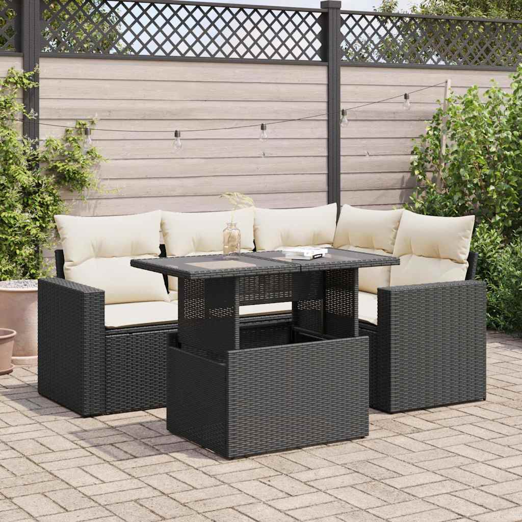 5 Pcs conjunto sofás de jardim com almofadões vime PE preto