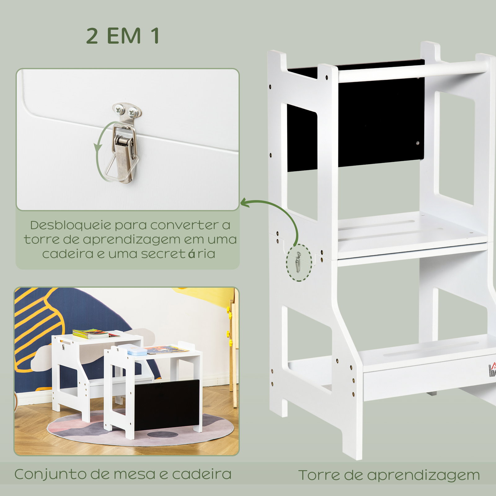 Torre de Aprendizagem para Crianças 3-6 Anos de Madeira Torre de Aprendizagem Infantil Convertível em Secretária com Ardósia e B