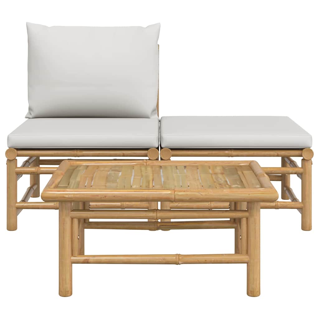 3 Pcs conj. lounge de jardim bambu c/ almofadões cinzento-claro