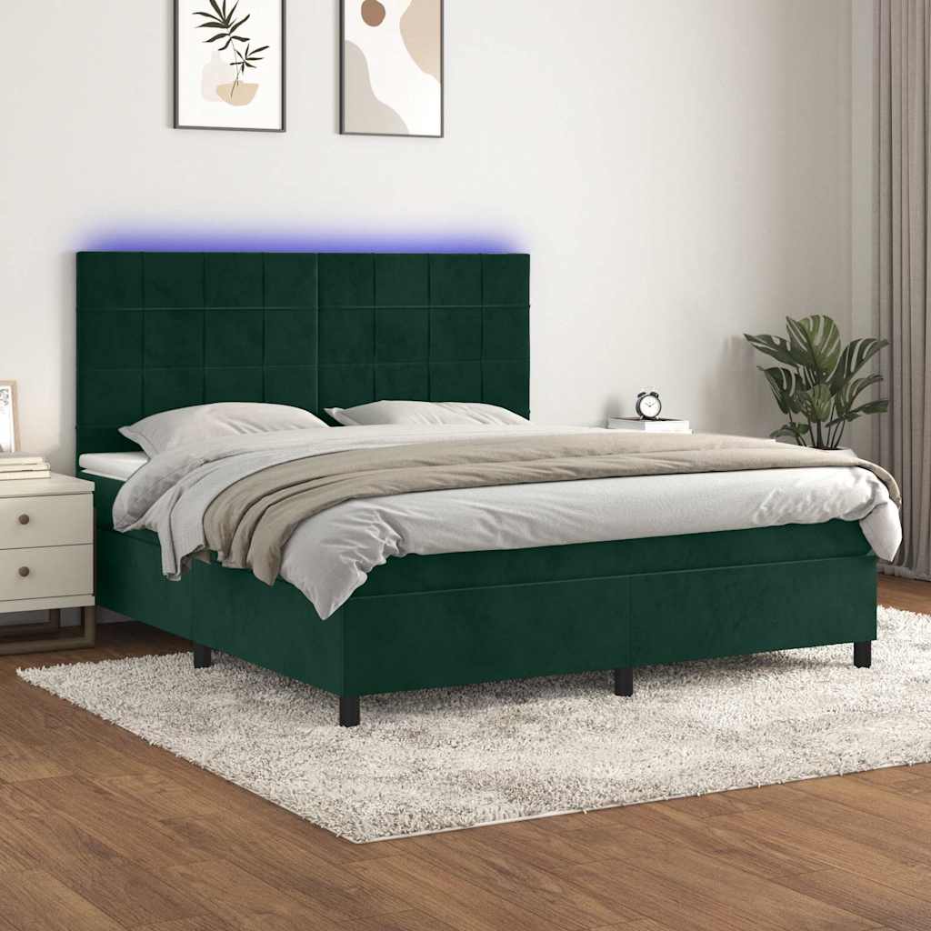 Cama box spring c/ colchão/LED 180x200 cm veludo verde-escuro