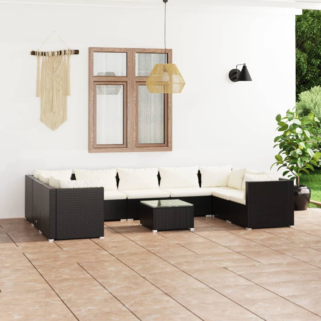 10 Pcs conjunto lounge de jardim c/ almofadões vime PE preto