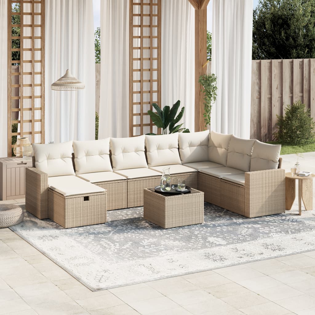 9 Pcs conjunto de sofás p/ jardim com almofadões vime PE bege