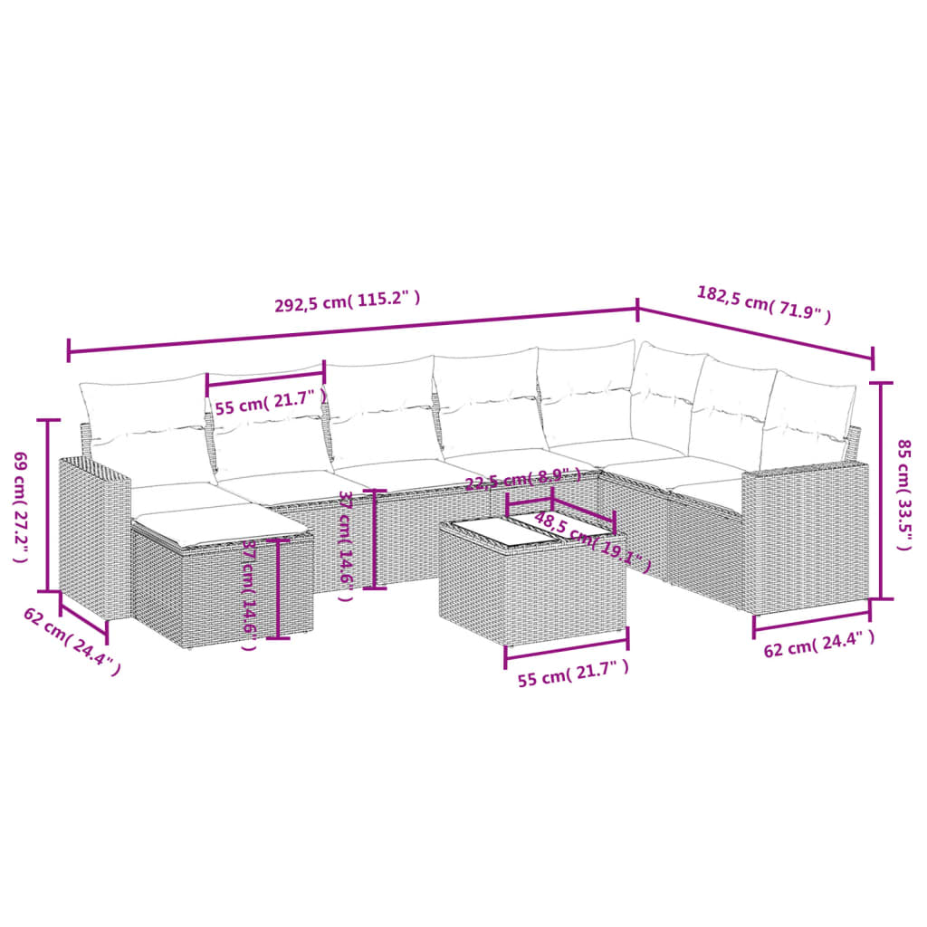 9 Pcs conjunto de sofás p/ jardim com almofadões vime PE bege