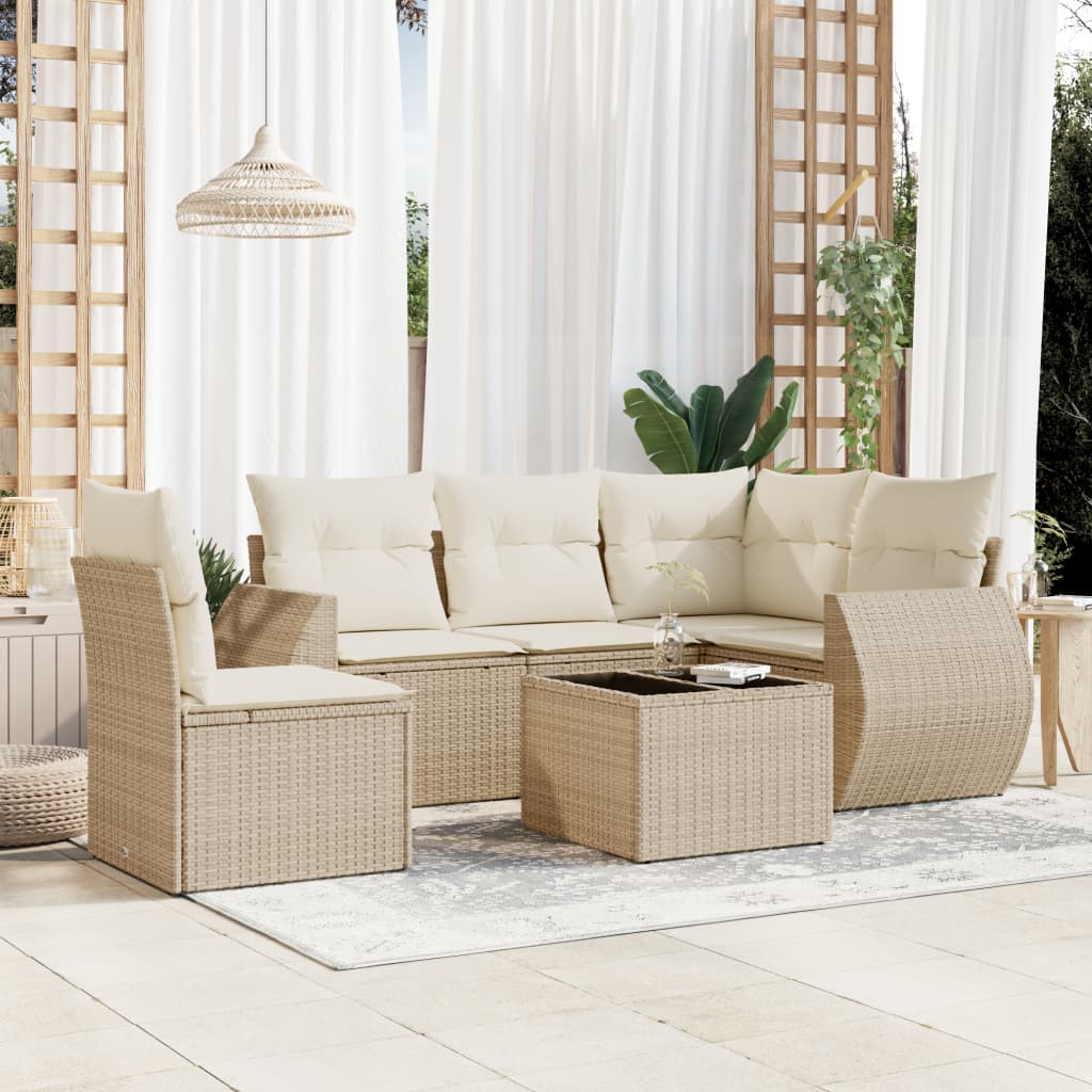 6 Pcs conjunto de sofás p/ jardim com almofadões vime PE bege