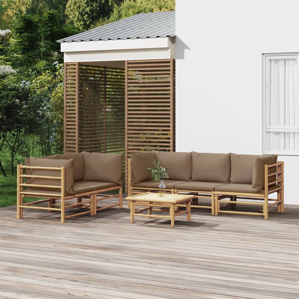 6 Pcs conj. lounge jardim bambu almofadões cinzento-acastanhado