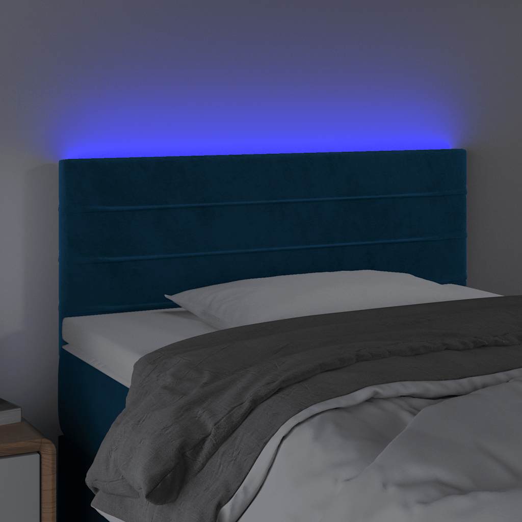 Cabeceira de cama c/ luzes LED veludo 100x5x78/88cm azul-escuro
