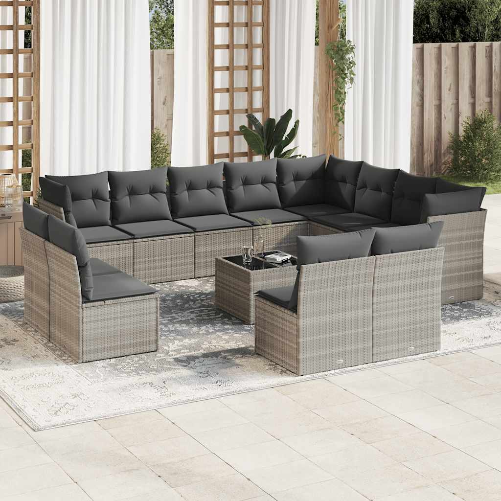 13 Pcs conj. sofás jardim c/ almofadões vime PE cinzento-claro