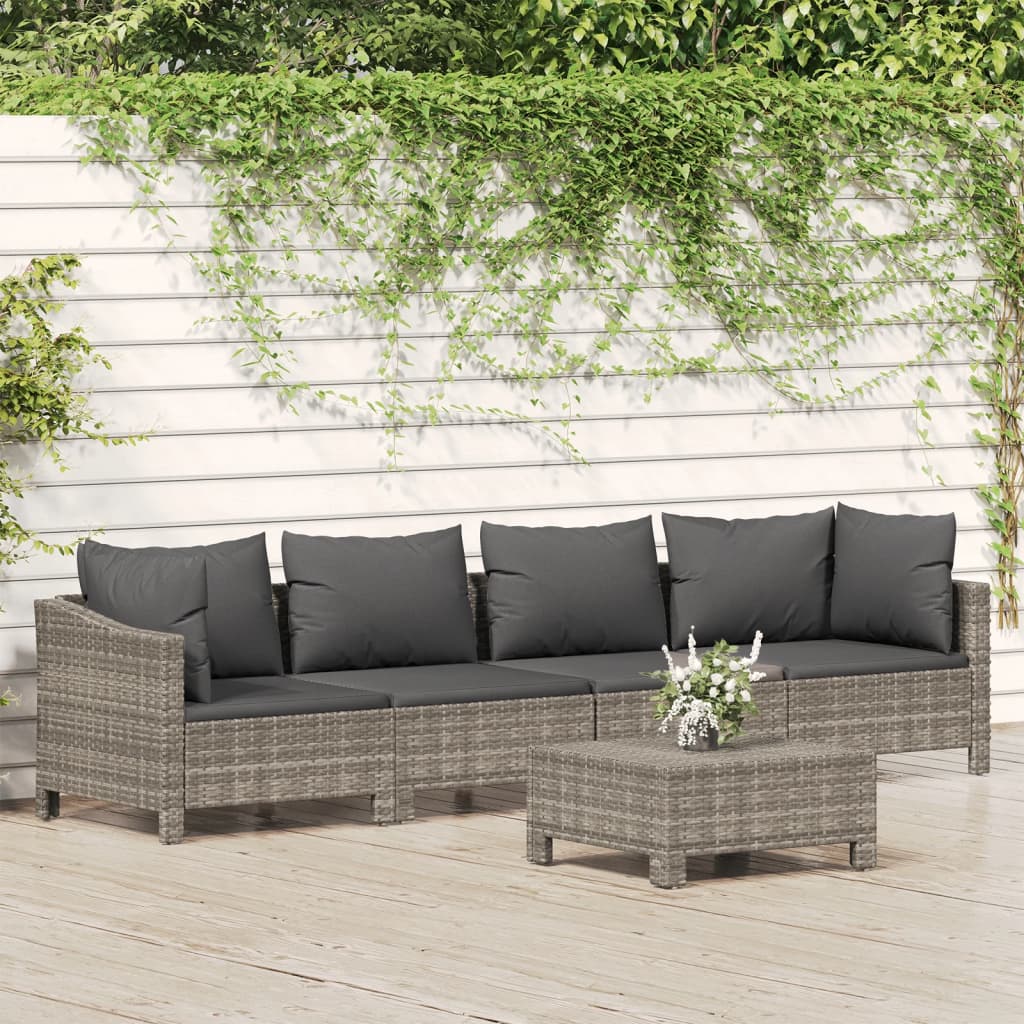 5 Pcs conjunto lounge de jardim c/ almofadões vime PE cinzento