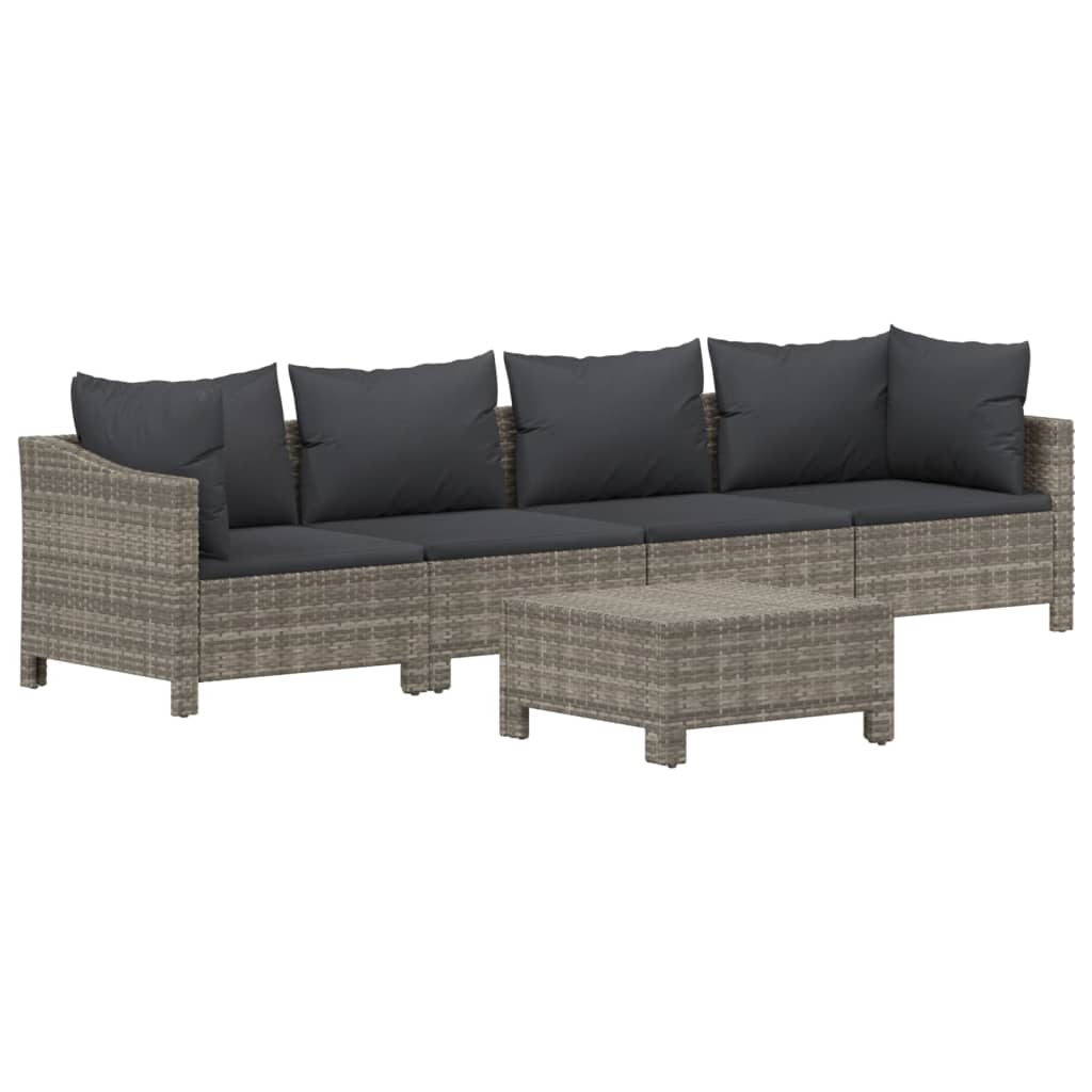 5 Pcs conjunto lounge de jardim c/ almofadões vime PE cinzento