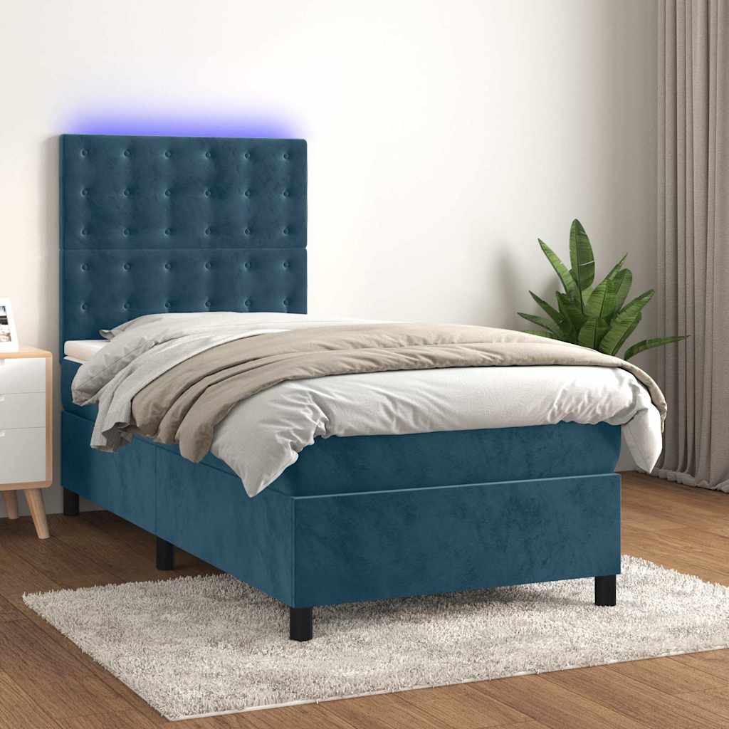 Cama box spring c/ colchão/LED 100x200 cm veludo azul-escuro