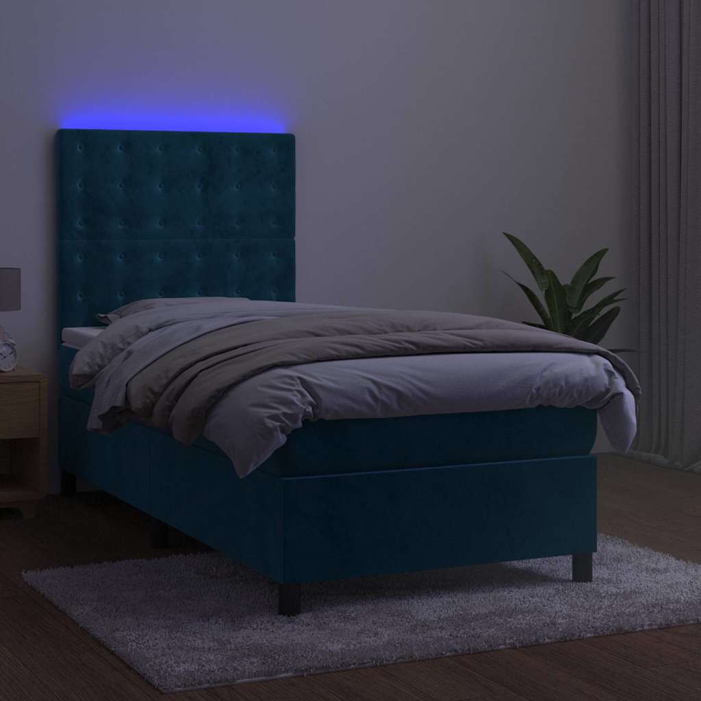 Cama box spring c/ colchão/LED 100x200 cm veludo azul-escuro