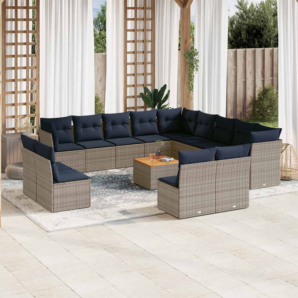 14 Pcs conjunto sofás p/ jardim c/ almofadões vime PE cinzento