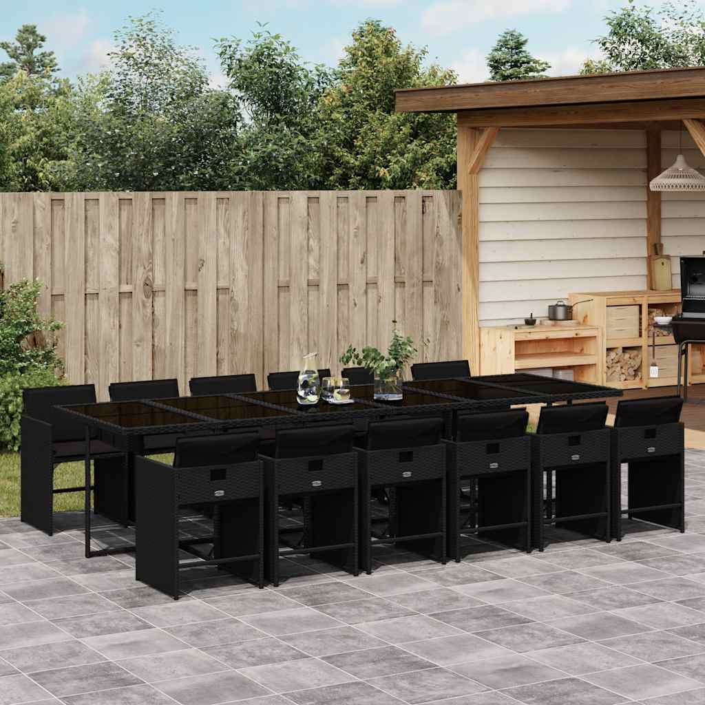 13 Pcs conjunto de jantar p/jardim com almofadões vime PE preto