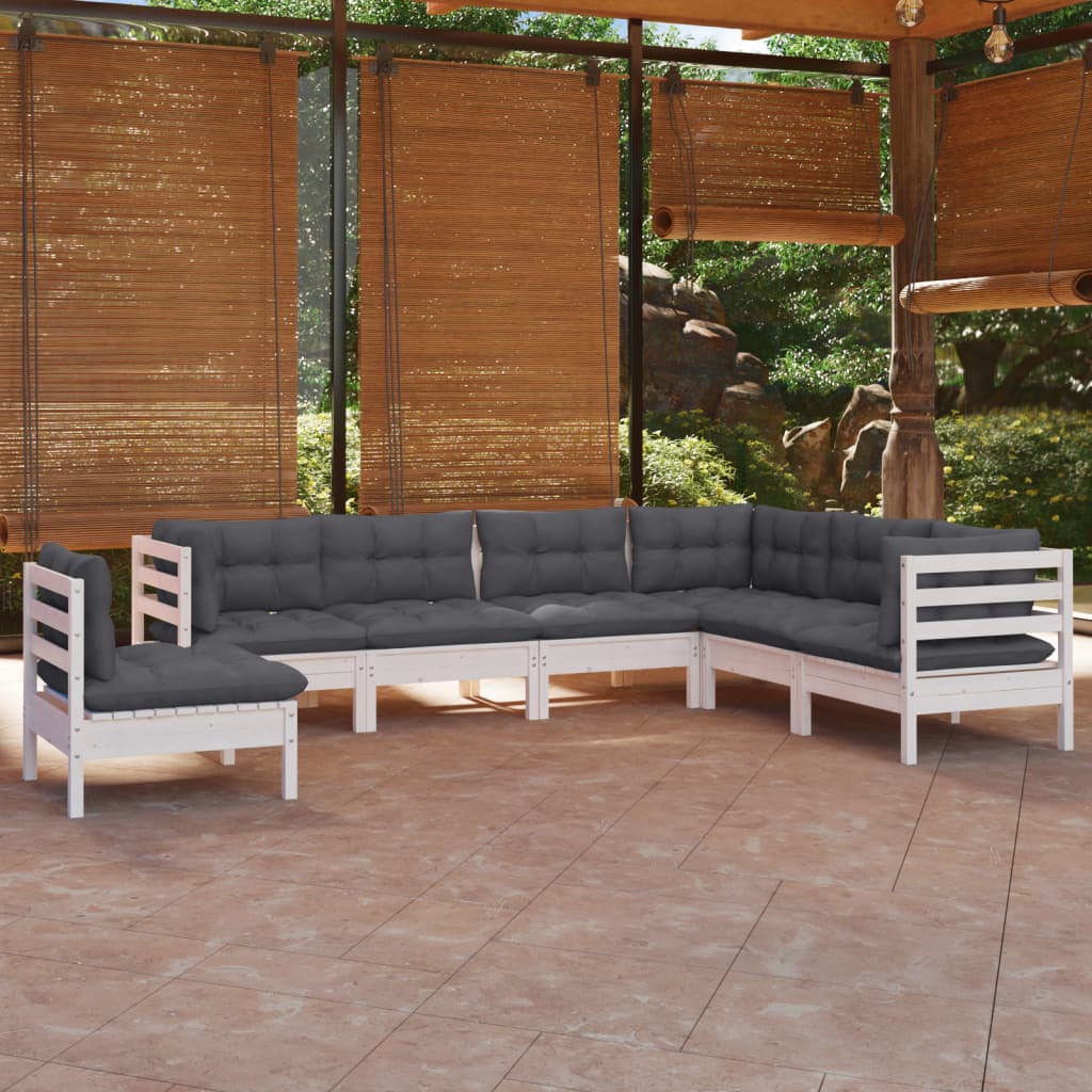 7 Pcs conj. lounge de jardim c/ almofadões pinho maciço branco