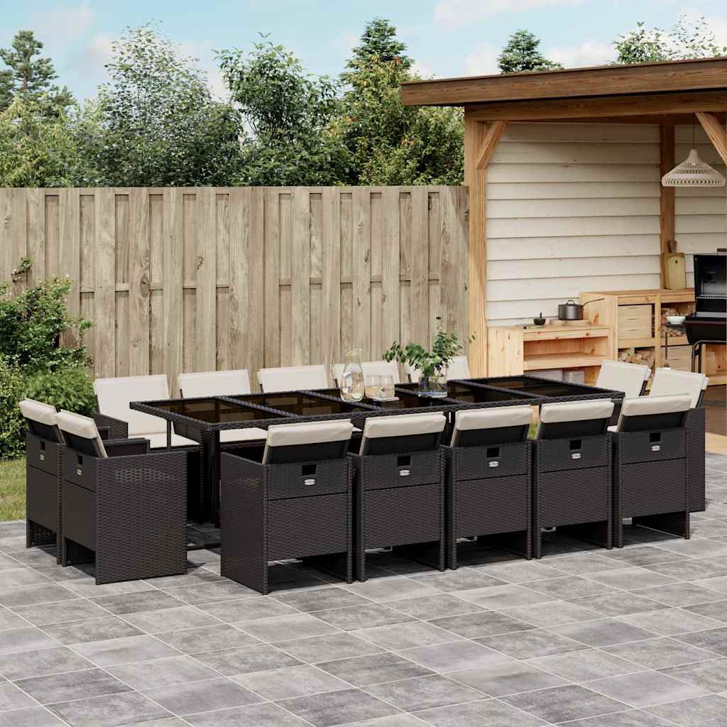 15 Pcs conjunto de jantar p/jardim com almofadões vime PE preto