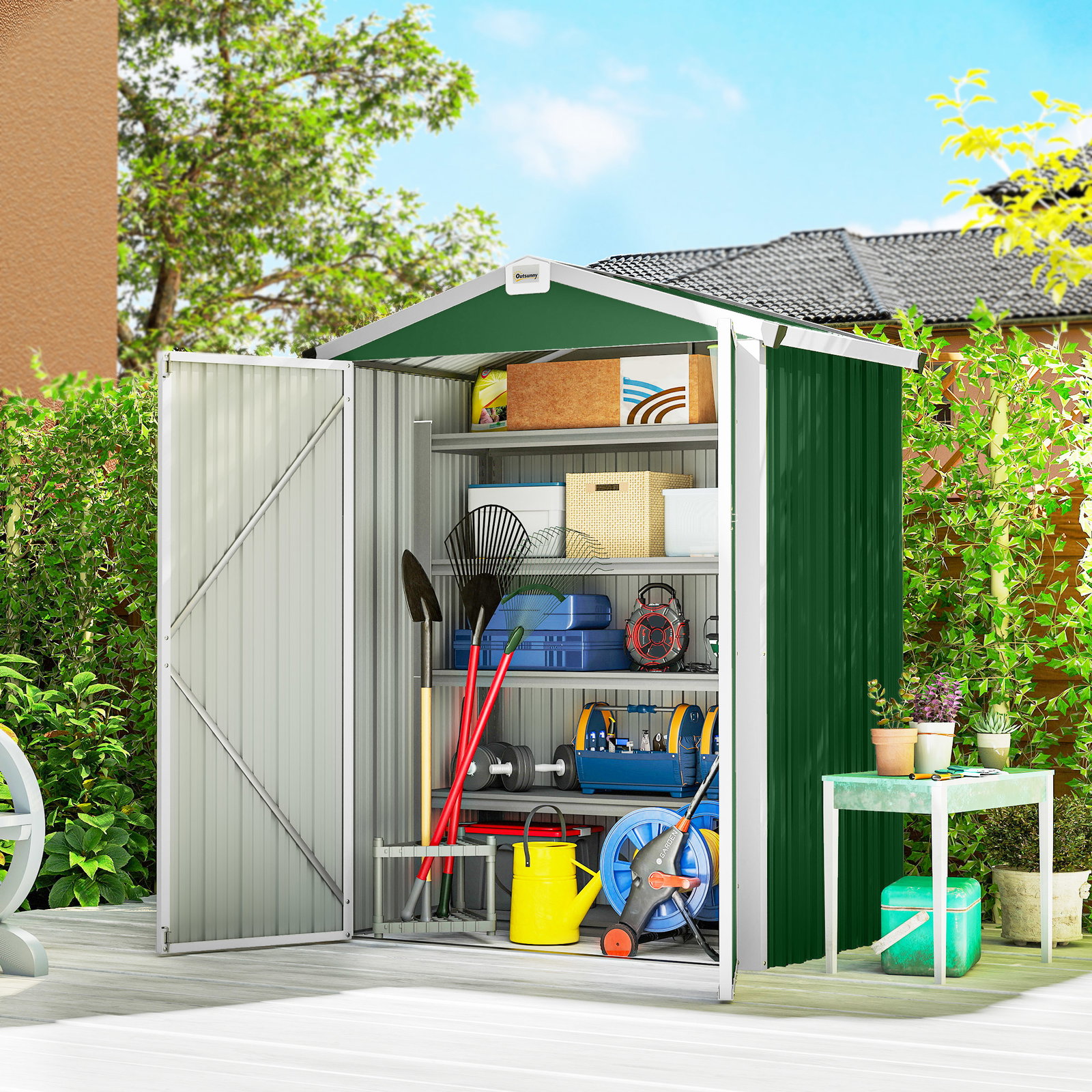 Abrigo de jardim exterior 1,1 m² 133x87x178 cm com 2 portas de abrir, telhado de duas águas e luvas verde