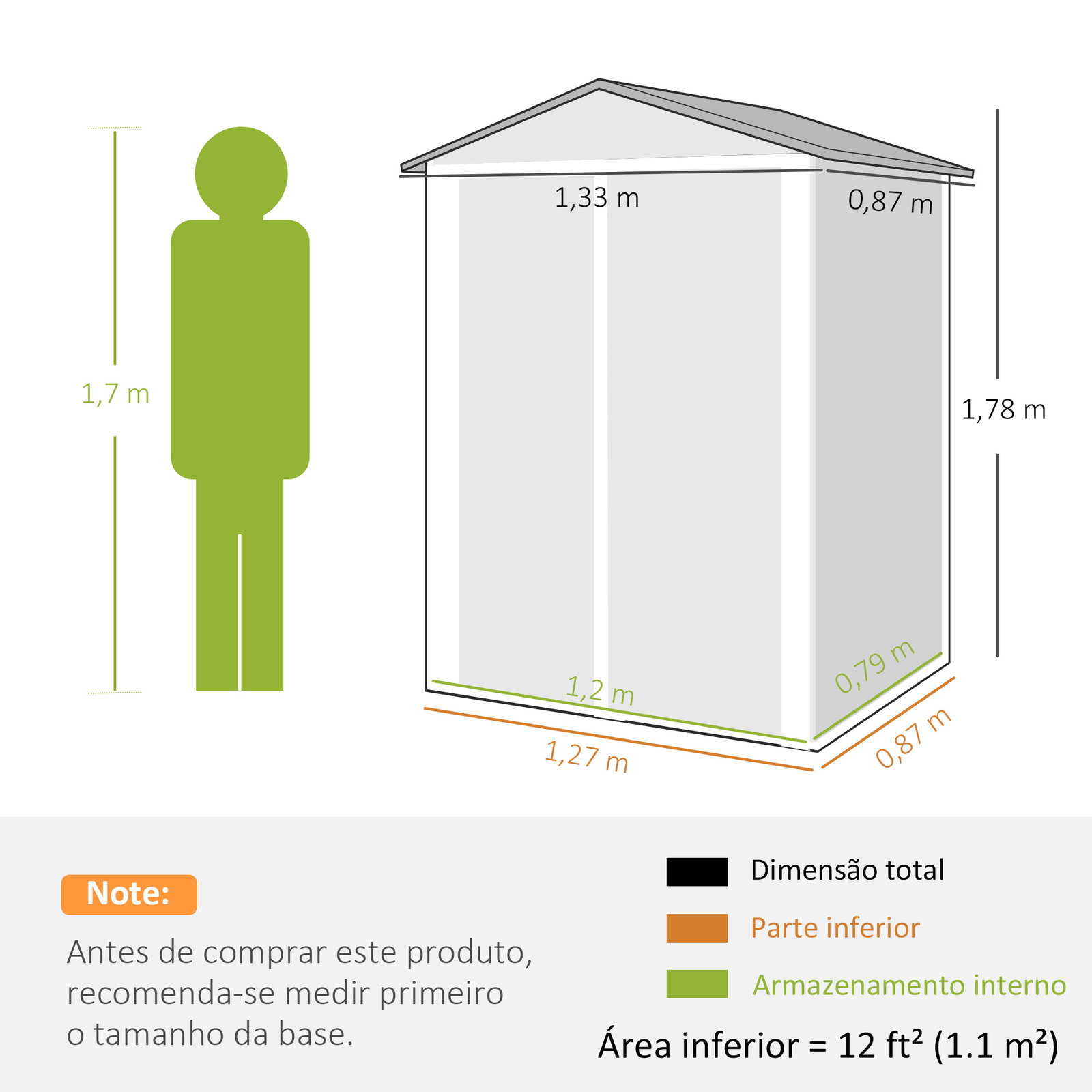 Abrigo de jardim exterior 1,1 m² 133x87x178 cm com 2 portas de abrir, telhado de duas águas e luvas verde