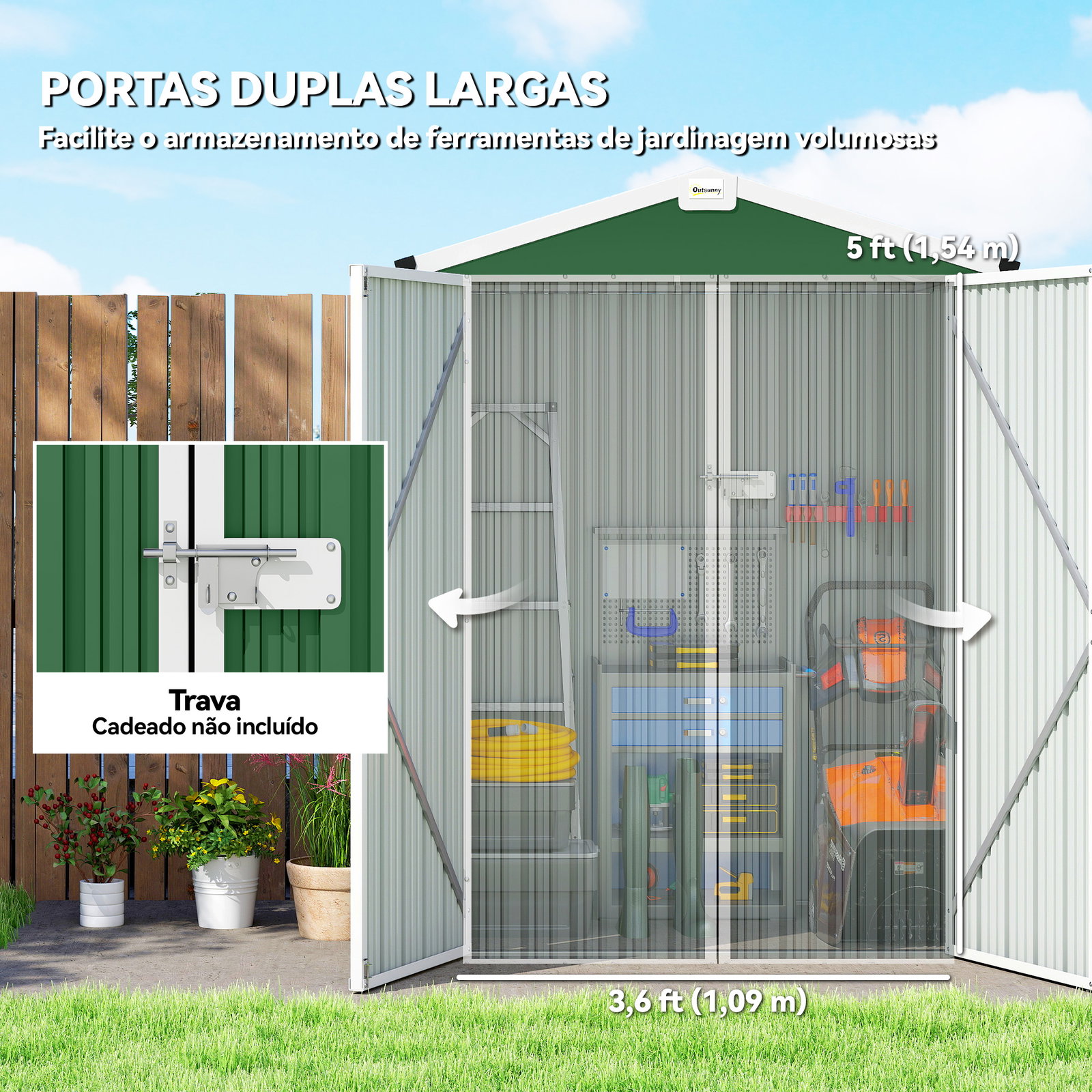 Abrigo de jardim exterior 1,1 m² 133x87x178 cm com 2 portas de abrir, telhado de duas águas e luvas verde